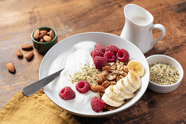Wholesome breakfast bowl with oats berries and seeds
